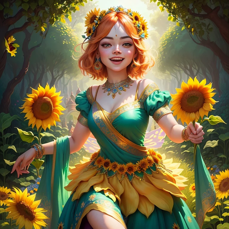 ((fun and lively)), ((fantasy-inspired)), cartoon-style illustration, sunflower fairy wearing a flower petal dress, bustling about in an enchanted garden filled with animated plants and flowers., india, Hinduism, indian clothes, a close up portrait photo of beautiful Emma Stone, Emma Stone