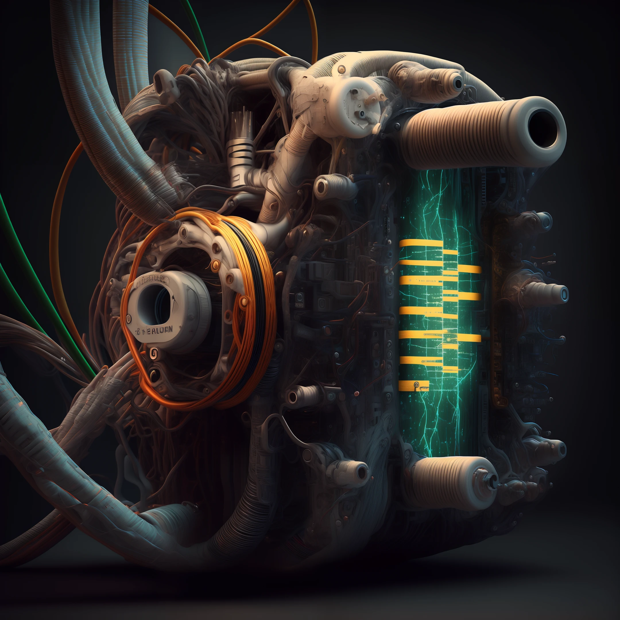 Gasoline car engine wrapped around with bandage, hyperrealistic very detailed textures, octane render, cinematic ligting, dark background with some smoke 