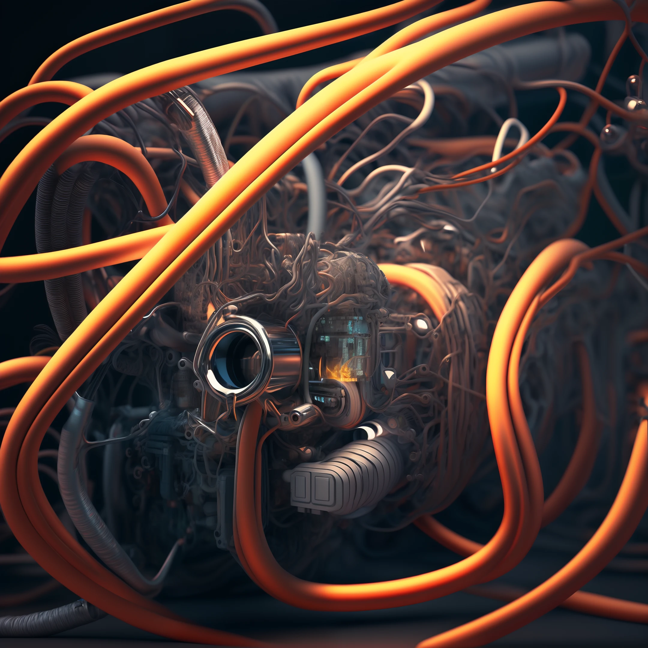 Gasoline car engine wrapped around with bandage, hyperrealistic very detailed textures, octane render, cinematic ligting, dark background with some smoke 