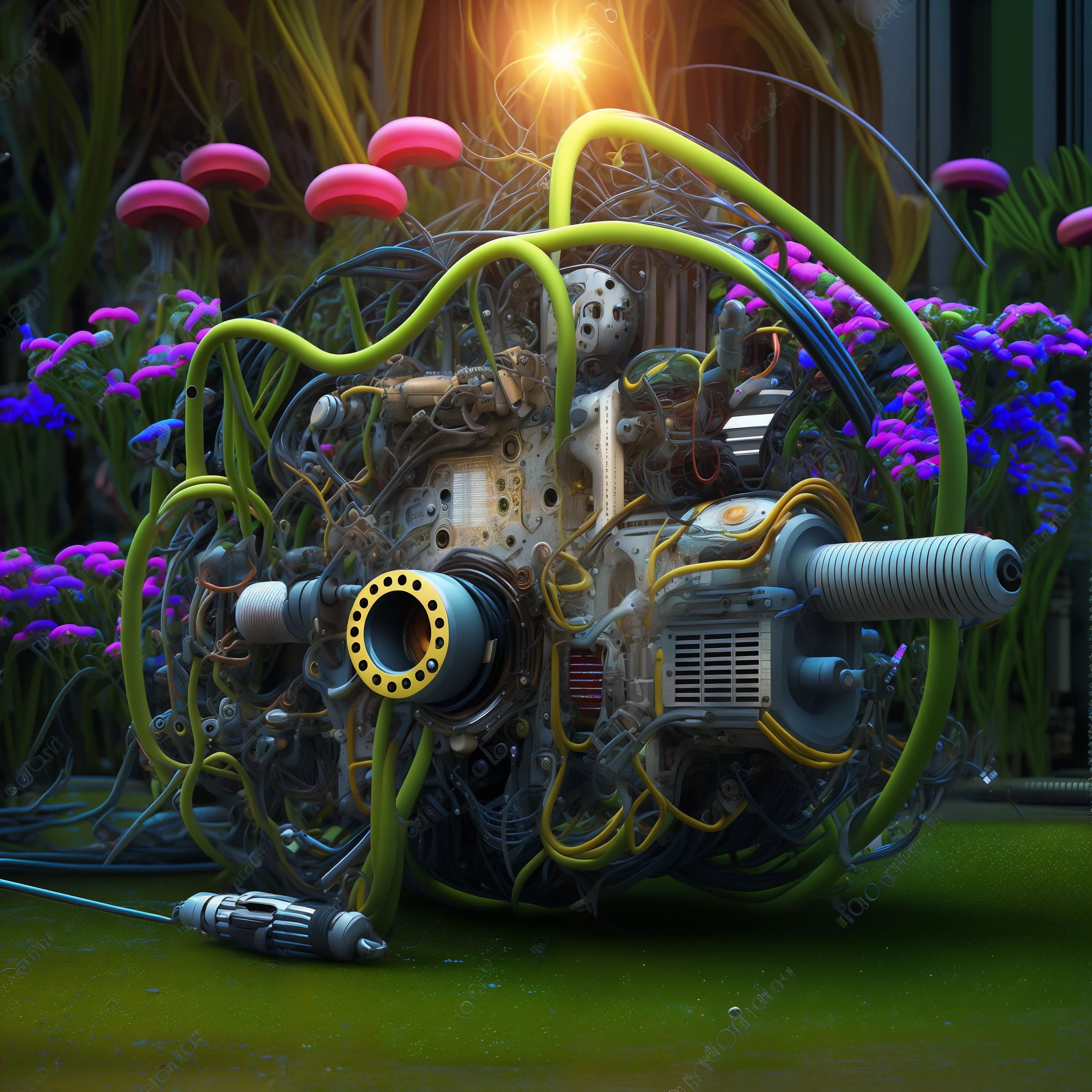 Futuristic motorized lawn mower with big steampunk engine in the fantastic flowery garden, sunny charming rainy atmosphere, very detailed render