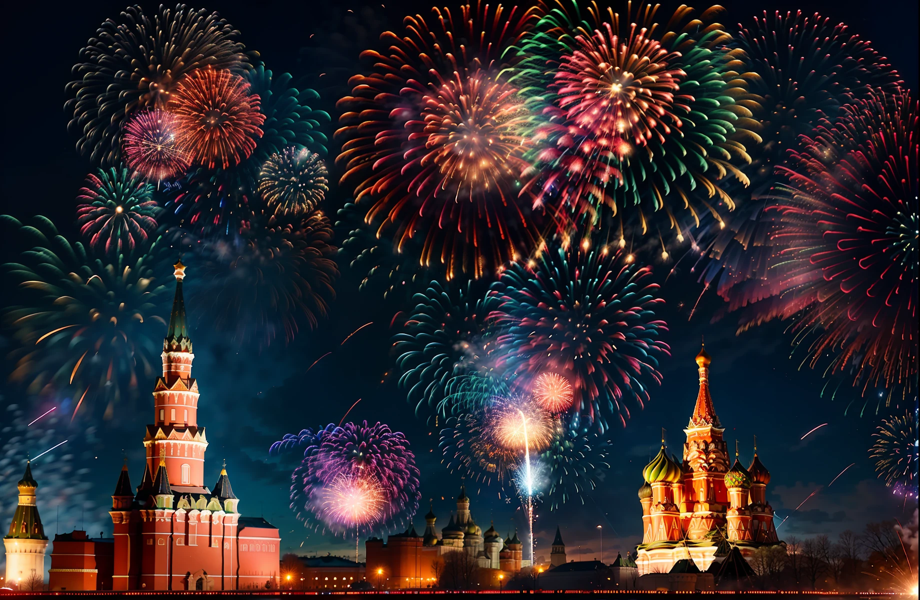 Russia, the inscription “Victory Day on May 9”, fireworks, the St. George Ribbon and the Order of the Patriotic War against the background of the Spasskaya Tower of the Moscow Kremlin.