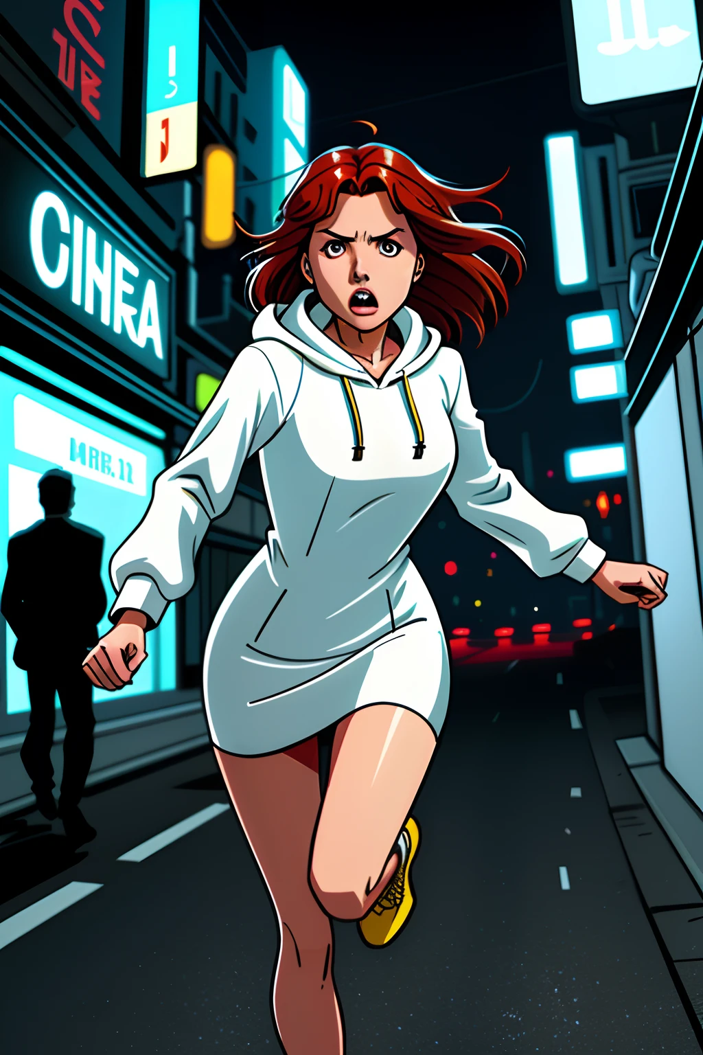 Close-up image of 2 subjects, a girl with auburn hair, wearing a white long-sleeved hooded dress, (runs to the camera), (the woman seems scared), frightened, runs for her life, runs away from a man wearing armor, is grabbed by a man, along a dirty alley in the city, futuristic city at (night:1.4), blue and yellow neon signs, chase scene, action scene, dense lines, comic book style, shot from an angle dynamic, realistic skin, realistic hands, perfect hands, action lines, motion background Blur