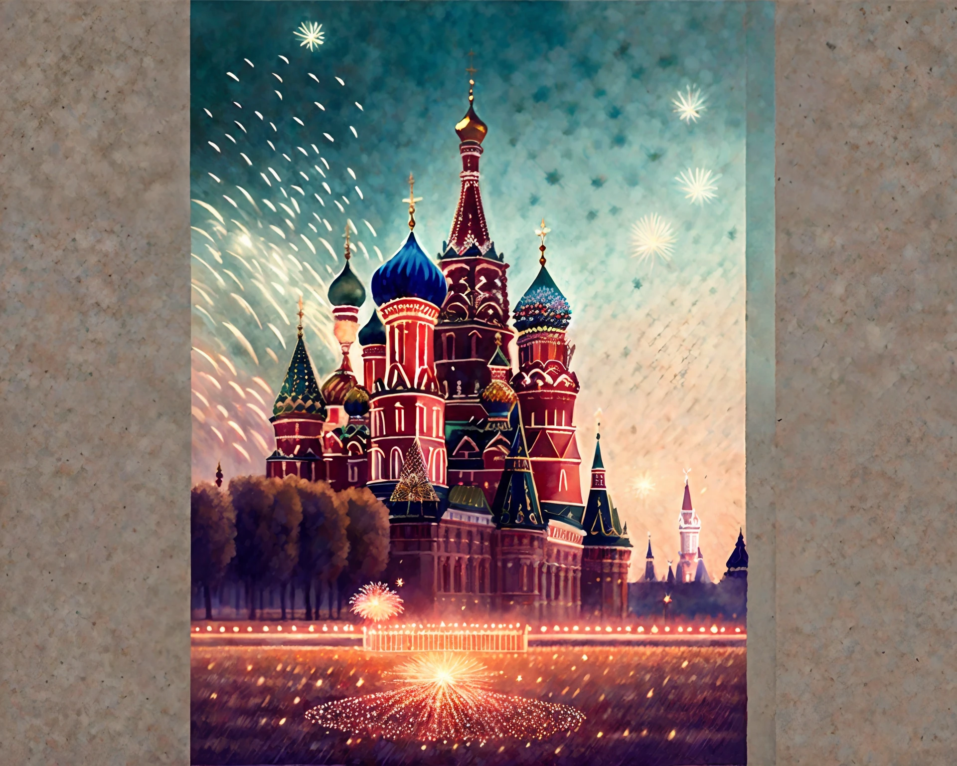 Russia, the inscription “Victory Day on May 9”, small fireworks, St. George ribbon, the Order of the Patriotic War, against the background of the Spasskaya Tower of the Moscow Kremlin, photorealism