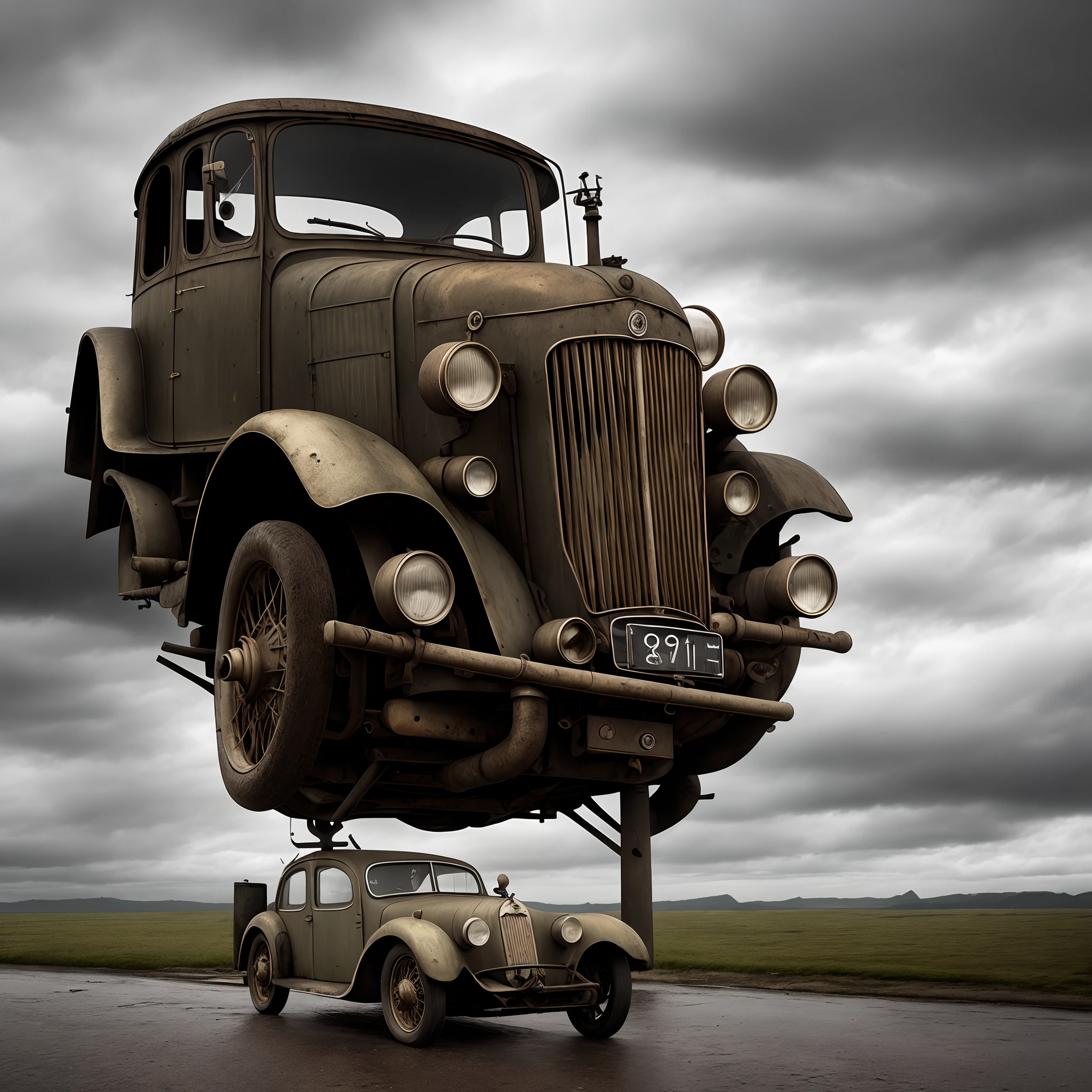 one old gasoline czech car Octavia with opened engine with steampunk style, flaying over fantasy landscape with storm clouds, rainy atmosphere, cinematic