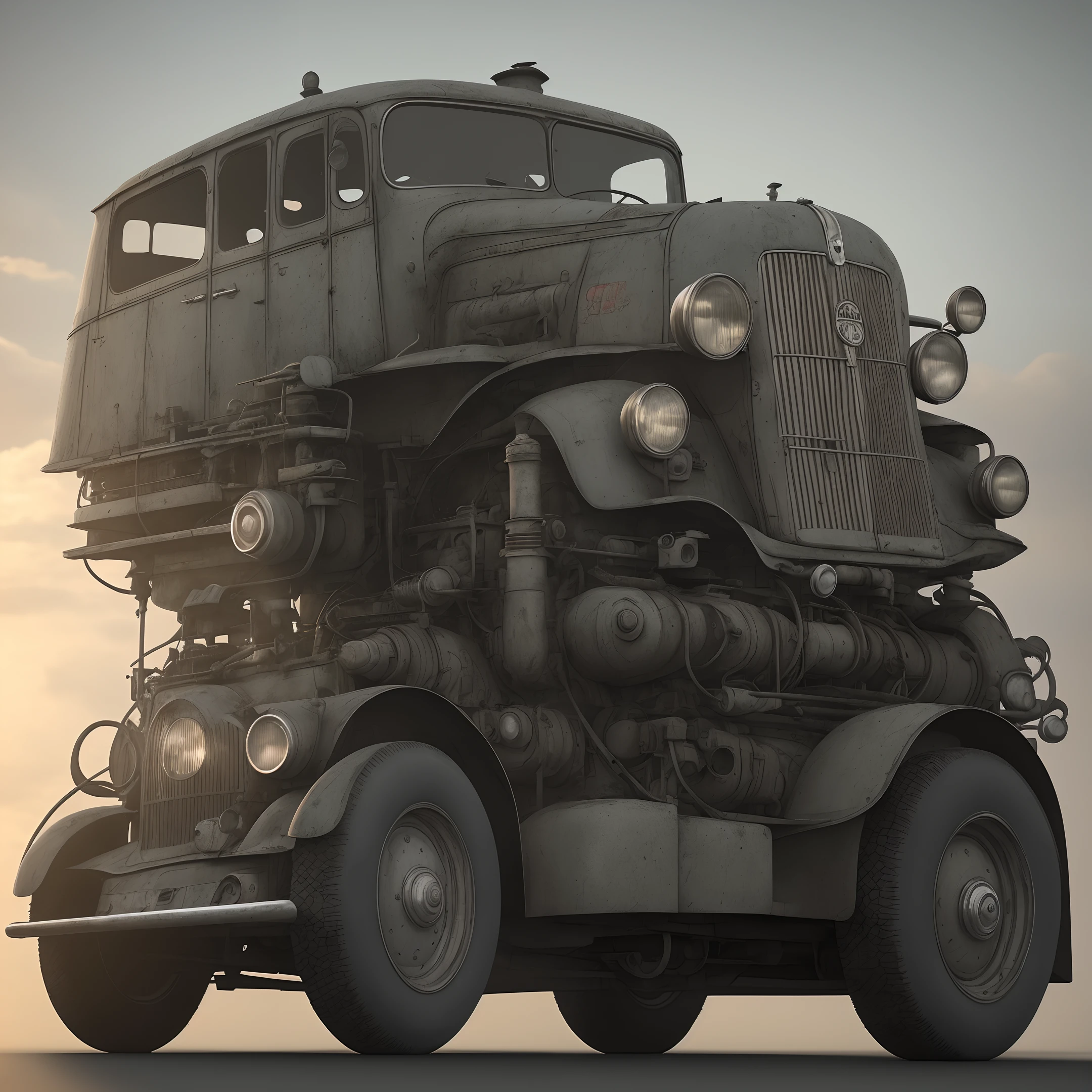 opened old gasoline czech car Octavia with big steampung engine, cinematic lighting, ultra detailed rendering