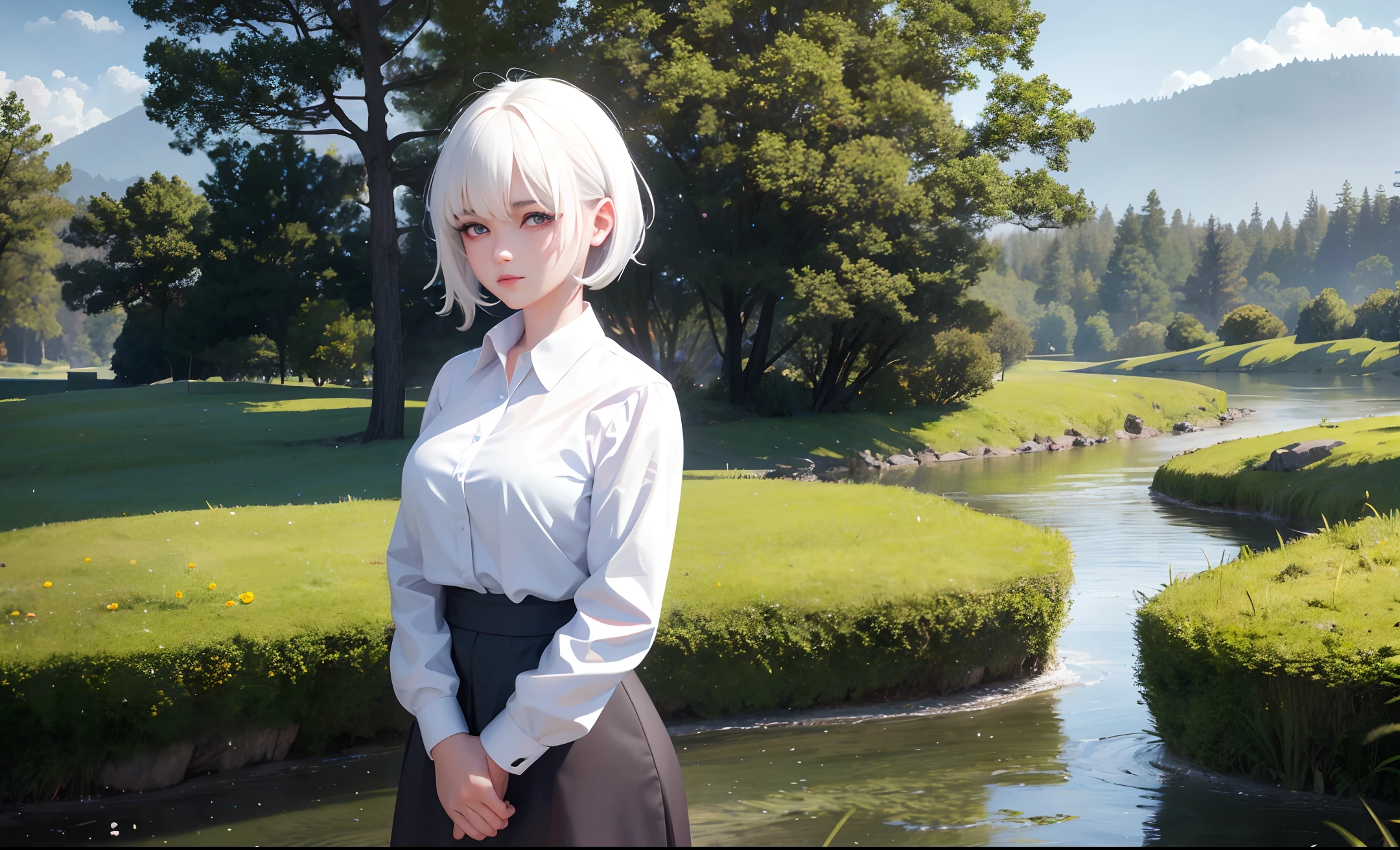 works, best quality, ultra_realistic, 8K, photo_realistic, ultra_detailed,1girl, upper body, white hair, bright eyes, shirt, landscape,