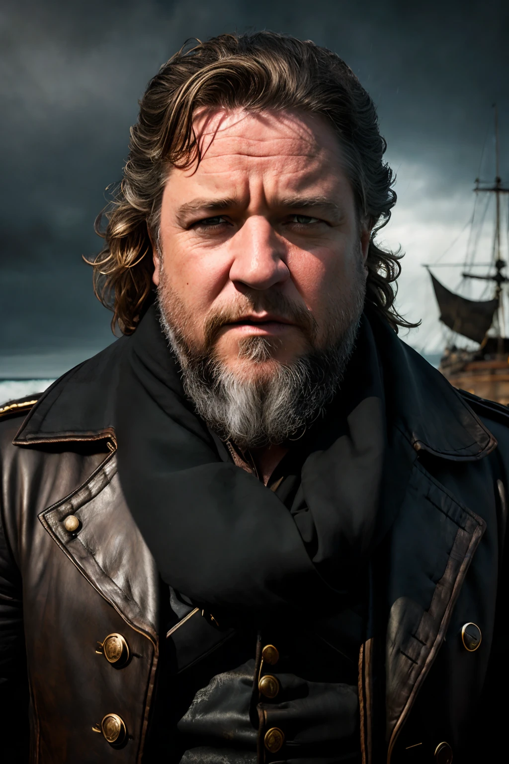 Tarantino-style Russell Crowe reimagined as Pirate Captain Long John Silver, 60 years old, RAW photo, a close-up portrait photo, 8k, high definition, detailed face, detailed face, detailed eyes, detailed 18th-century sailor's clothing, black wavy hair, long black bushy beard, wearing a red scarf and silver earring, an evil menacing look on his face. Dressed in a worn and weathered 18th-century sailor's outfit. background is the deck of an 18th-century pirate ship, hyper-realistic in the style of pursuit by gesaffelstein, photorealistic, cinematic lighting, dark atmosphere, volumetric lighting, action pose, epic scene, lots of fine detail, movie style, photography, natural textures, natural light, natural blur, photorealism, cinematic rendering, ray tracing, highest quality, highest detail, Cinematic, Blur Effect, Long Exposure, 8K, Ultra-HD, Natural Lighting, Moody Lighting, Cinematic Lighting, hyper-realistic, vibrant, 8k, detailed, ultra detail,