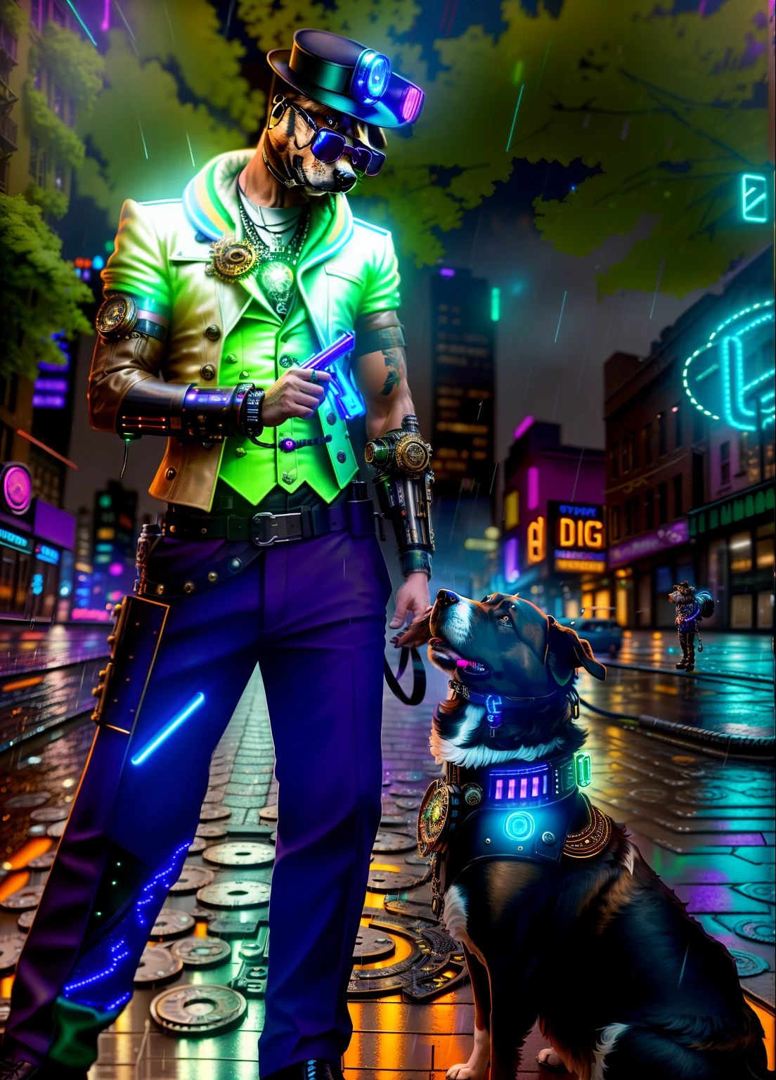 An award winning master piece photo of a cyborg dog and a lean man in steampunk clothes with psychedelic colors standing in a city at night in the rain, neon-colored buildings, 8k, (high quality:1.1), (cinematic feeling:1.1), dark deep shadows, incredibly intricate detailing, art , (up close:1.1), from above, looking at viewer, (light sparkles:1.1), (chromatic aberration,:1.2)
