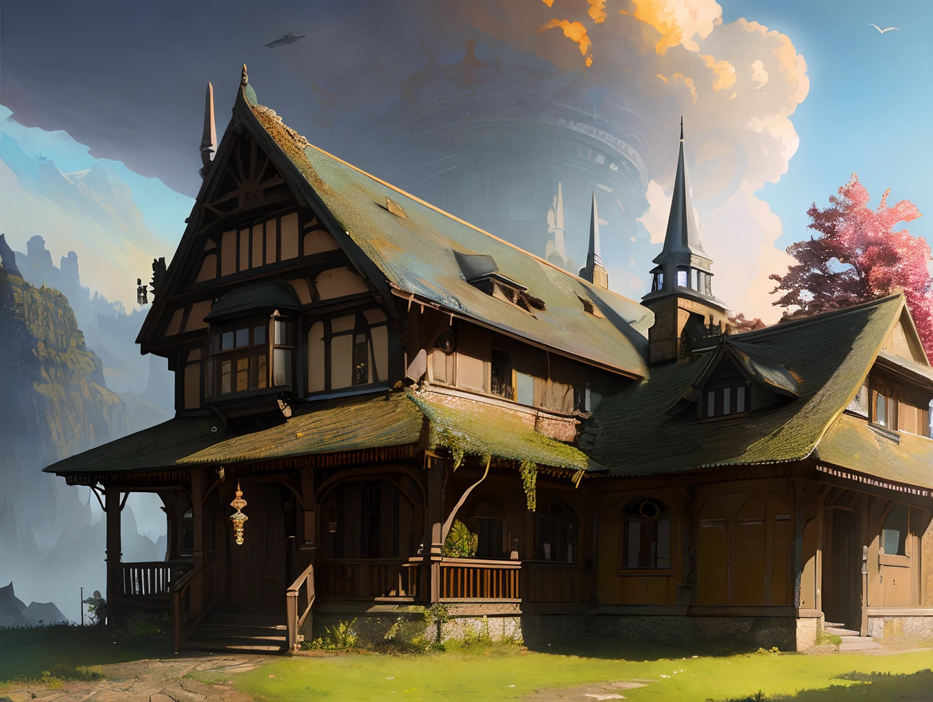 RAW wideangle photo, the admiral benbow inn, a small, cozy place located in a remote area in the English countryside, epic, ominous, highly detailed, intricate environment, digital matte painting, outdoor, panoramic street view, concept art, mystery, sharp focus, illustration, art by artgerm and greg rutkowski and magali villeneuve and alphonse mucha and rossdraws and wlop and craig mullins and James Jean and Andrei Riabovitchev and Marc Simonetti and peter mohrbacher, background by james jean and gustav klimt, light by John Salminen, 4k uhd image, octane render, awesome, 8k, award winning art, cinematic lighting, high detail, intricate, ethereal, magical, otherworldly, dark fantasy, hyperrealistic, dreamlike, inky, old age, hypermaximalist, (decay:1.3), (grit:1.3), (neglect:1.3), to8contrast style RFKTR_sinetempore