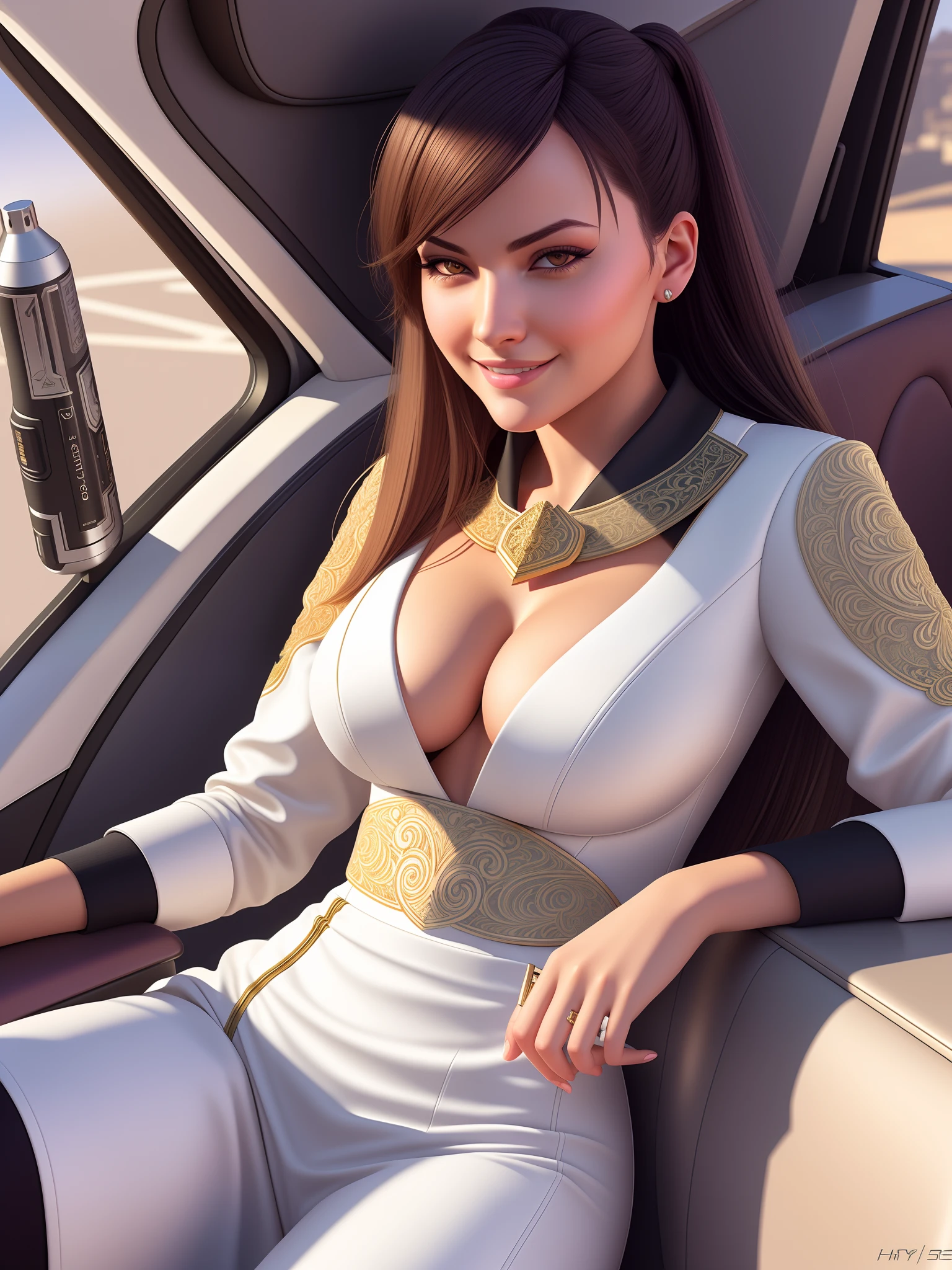 photorealistic, intricate details, HDR, smoothed, 8k, syd mead, sharp details, vallejo, little smile, close-up, showing sexy cleavage, winking