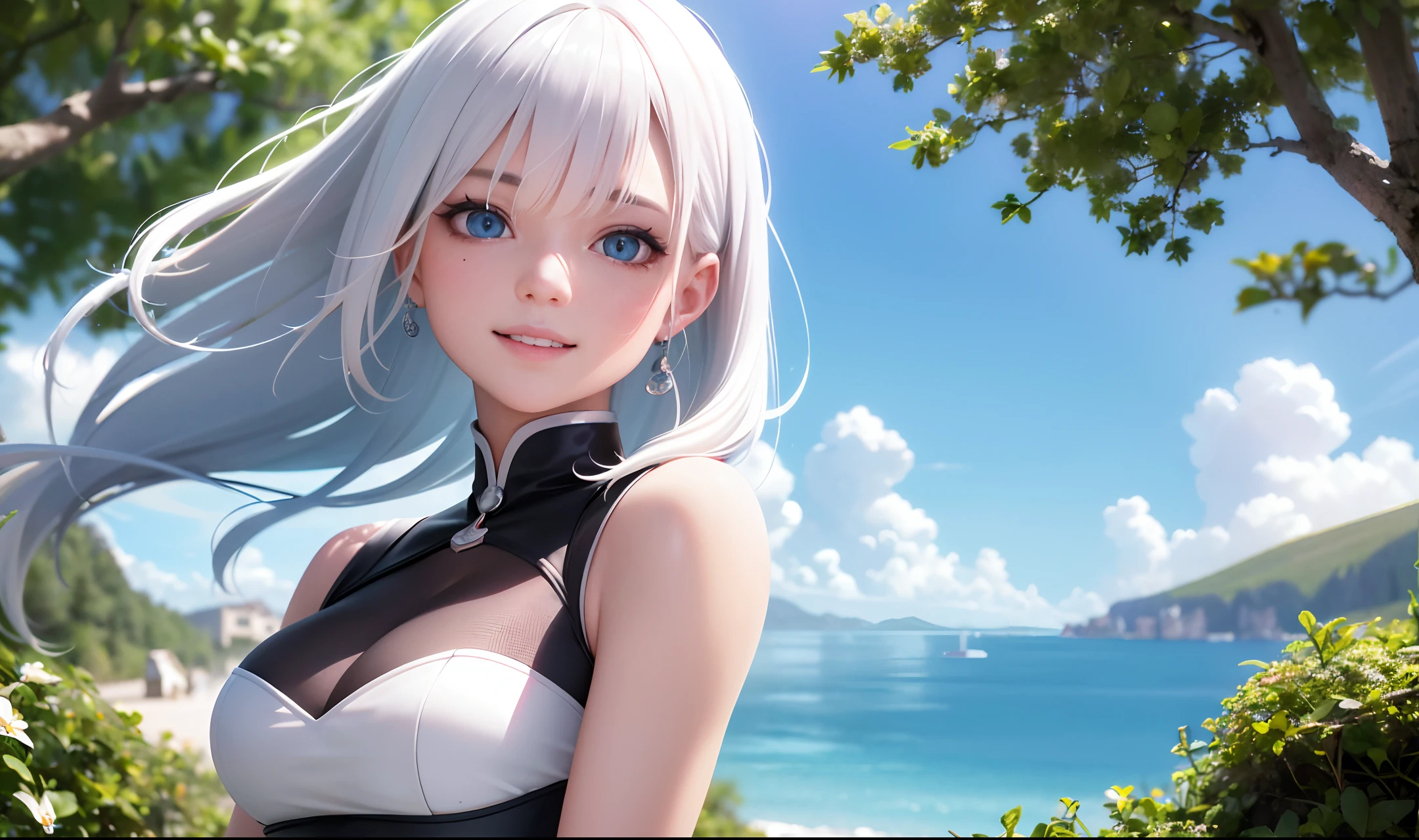 "Create an ultra-realistic, 8K photographic masterpiece featuring a dazzling, bright-eyed, white-haired girl. The photo should showcase her upper body, while she faces front, looks straight at the viewer, opens her mouth with a beaming smile, all set against a beautifully detailed landscape. Only the best quality and ultra-realistic output is acceptable."