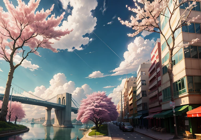 This picture depicts a city with many cherry trees, cherry trees, and lush cherry trees. The bustling tech architecture is beyond imagination. Cherry blossom trees bloom in futuristic buildings, glass buildings, and sci-fi buildings in the distance. Pink cherry blossoms are blooming everywhere. The surreal clouds, the breathtaking clouds, the few passers-by, and the details of the characters are all clear at a glance. Inspired by Makoto Shinkai's popular conceptual art and masterpiece on pixiv, farsightedness (wide-angle lens), ultra-high resolution (realism: 1.4), ultra-high resolution (photo impression: 1.48), ultra-high quality, extremely detailed CG Unity 8k wallpapers, aesthetics, award-winning photography, realism, high detail, intricate, exquisite animated scenes, and anime-style cityscapes. The art of traveling