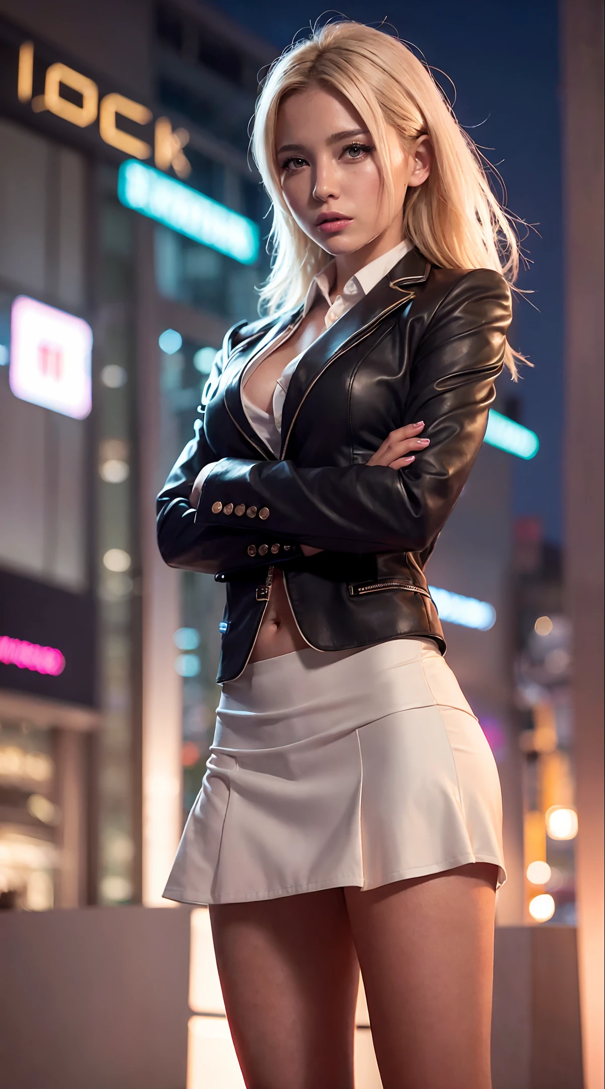 photo of psylock, night time, glowing lights, 1 girl solo, blonde, business bikini suit, skirt, jacket,
attractive feminine pose, light muscle, 4k, HDR, Realistic photo, realistic texture. oily skin, art station,