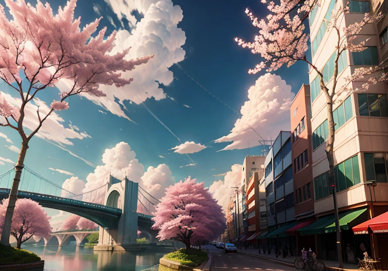 This picture depicts a city with many cherry trees, cherry trees, and lush cherry trees. The bustling tech architecture is beyond imagination. Cherry blossom trees bloom in futuristic buildings, glass buildings, and sci-fi buildings in the distance. Pink cherry blossoms are blooming everywhere. World-class bridges, surreal clouds, stunning clouds, few passers-by, and character details are all clear at a glance. The Tesla sports car is inspired by Makoto Shinkai's popular conceptual art and masterpiece on pixiv, farsightedness (wide-angle lens), ultra-high resolution (realism: 1.4), ultra-high resolution (photo impression: 1.48), ultra-high quality, extremely detailed CG Unity 8k wallpapers, aesthetics, award-winning photography, realism, high detail, intricate, exquisite animated scenes, and anime-style cityscapes. The art of traveling