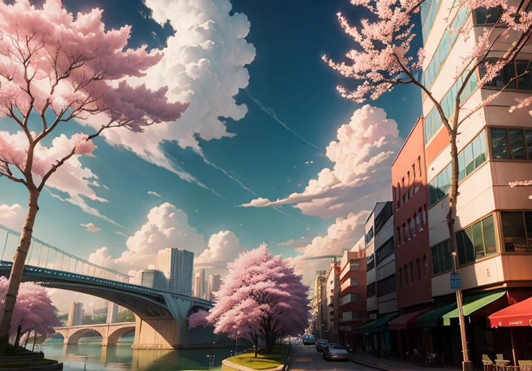 This picture depicts a city with many cherry trees, cherry trees, and lush cherry trees. The bustling tech architecture is beyond imagination. Cherry blossom trees bloom in futuristic buildings, glass buildings, and sci-fi buildings in the distance. Pink cherry blossoms are blooming everywhere. World-class bridges, surreal clouds, stunning clouds, few passers-by, and character details are all clear at a glance. The Tesla Roadster was inspired by Makoto Shinkai's popular conceptual art and masterpiece on pixiv, farsightedness (wide-angle lens), ultra-high resolution (realism: 1.4), ultra-high resolution (photo impression: 1.48), ultra-high quality, extremely detailed CG Unity 8k wallpapers, aesthetics, award-winning photography, realism, high detail, intricate, elaborate animated scenes, and anime-style cityscapes. The art of traveling