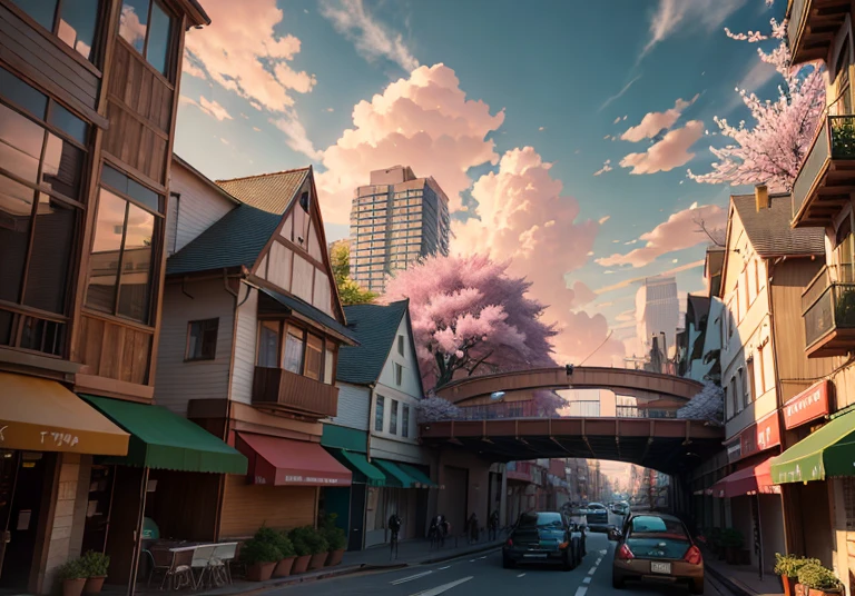 This picture depicts a city with many cherry trees, cherry trees, and lush cherry trees. The bustling tech architecture is beyond imagination. Cherry blossom trees are in full bloom. Pink cherry blossoms are blooming everywhere. Extremely wide roads, surreal clouds, breathtaking clouds, few passers-by, and the details of the characters are all clear at a glance. Smart buildings, tech stores, sports cars, inspired by Makoto Shinkai's popular conceptual art and masterpieces on pixiv, foresight (wide-angle lens), ultra-high resolution (realism: 1.4), HDR, UHD, ultra-high resolution (photorealistic: 1.48), enhanced detail, natural light, professional shooting, shooting with a Sony a9 II mirrorless camera, extremely detailed CG Unity 8k wallpapers, aesthetics, award-winning realism, high-definition detail, intricate animations and vivid cityscapes. The art of traveling