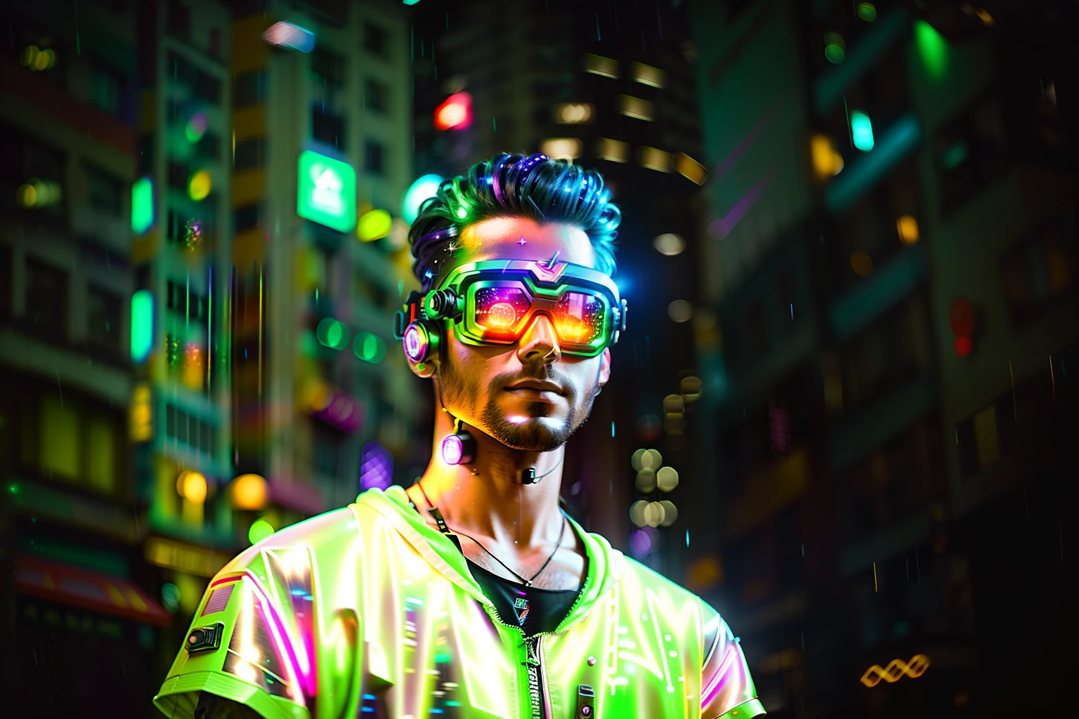 An award winning master piece photo of a cyborg man with psychedelic colors standing in a city street at night in the rain, wearing neon-colored glowing goggles, 8k, (high quality:1.1), (cinematic feeling:1.1), dark deep shadows, incredibly intricate detailing, art , (up close:1.1), from above, looking at viewer, (light sparkles:1.1), (chromatic aberration,:1.2) background with floating light artifacts