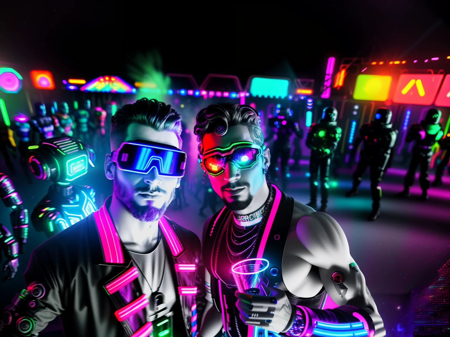 An award winning master piece photo of 2 cyborg man with psychedelic colors standing in a festival at night in the rave surrounded by dancing robots, wearing neon-colored glowing goggles, 8k, (high quality:1.1), (cinematic feeling:1.1), dark deep shadows, incredibly intricate detailing, art , (up close:1.1), from above, looking at viewer, (light sparkles:1.1), (chromatic aberration,:1.2)