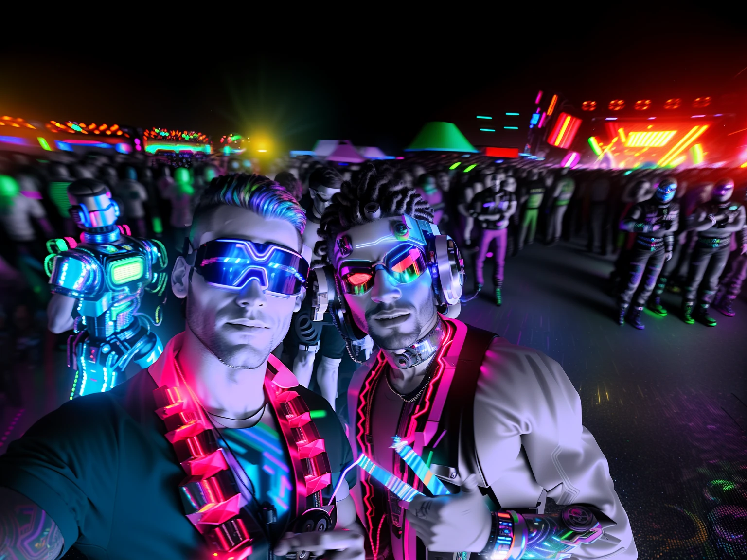 An award winning master piece photo of 2 cyborg man with psychedelic colors standing in a festival at night in the rave surrounded by dancing robots, wearing neon-colored glowing goggles, 8k, (high quality:1.1), (cinematic feeling:1.1), dark deep shadows, incredibly intricate detailing, art , (up close:1.1), from above, looking at viewer, (light sparkles:1.1), (chromatic aberration,:1.2)