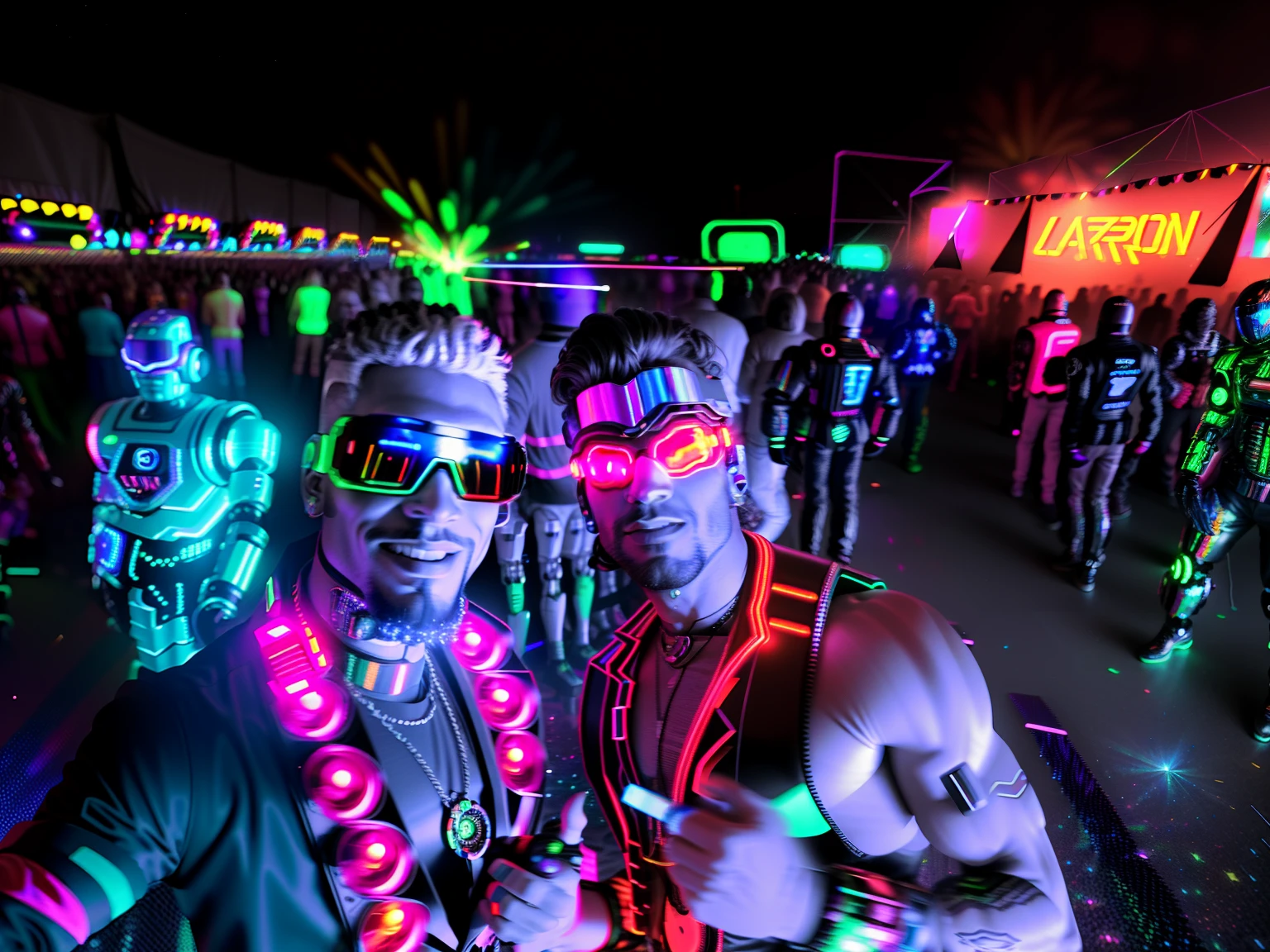 An award winning master piece photo of 2 cyborg man with psychedelic colors standing in a festival at night in the rave surrounded by dancing robots, wearing neon-colored glowing goggles, 8k, (high quality:1.1), (cinematic feeling:1.1), dark deep shadows, incredibly intricate detailing, art , (up close:1.1), from above, looking at viewer, (light sparkles:1.1), (chromatic aberration,:1.2)