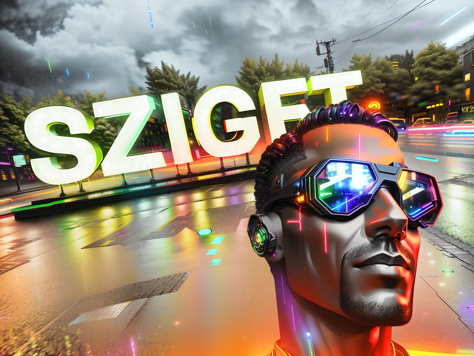 An award winning master piece photo of 2 cyborg man with psychedelic colors standing in a city street at night in the rain, wearing neon-colored glowing goggles, 8k, (high quality:1.1), (cinematic feeling:1.1), dark deep shadows, incredibly intricate detailing, art , (up close:1.1), from above, looking at viewer, (light sparkles:1.1), (chromatic aberration,:1.2)