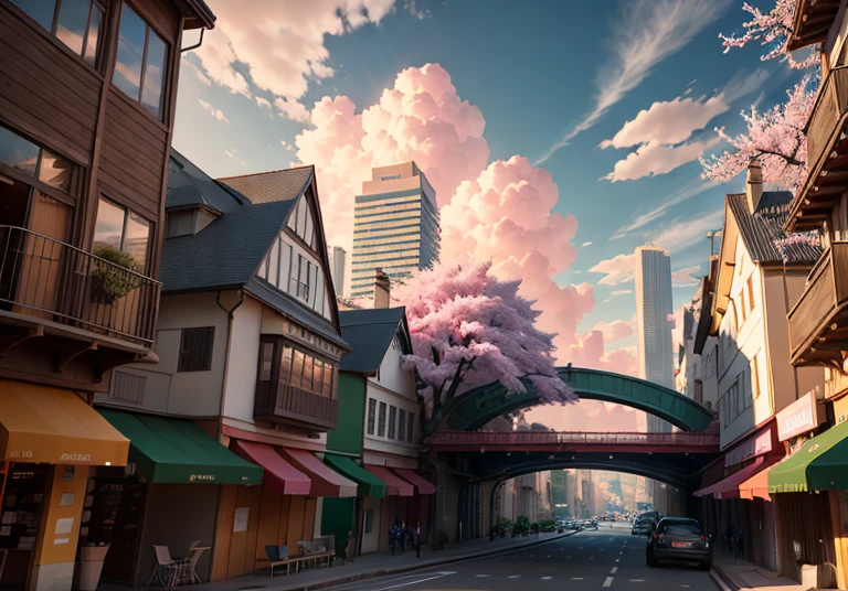 This picture depicts a city with many cherry trees, cherry trees, and lush cherry trees. The bustling tech architecture is beyond imagination. Cherry blossom trees are in full bloom. Pink cherry blossoms are blooming everywhere. Extremely wide roads, surreal clouds, breathtaking clouds, few passers-by, and the details of the characters are all clear at a glance. Blurry rainbows, smart buildings, tech stores, luxury sports cars, supercars, inspired by Makoto Shinkai's popular conceptual art and masterpieces on pixiv, foresight (wide-angle lens), ultra-high resolution (realism: 1.4), HDR, UHD, ultra-high resolution (photo realism: 1.48), enhanced detail, natural light, professional shooting, shooting with a Sony a9 II mirrorless camera, extremely detailed CG Unity 8k wallpapers, aesthetics, complex award-winning works, realism, high definition Animation and vivid detail Cityscapes. The art of traveling