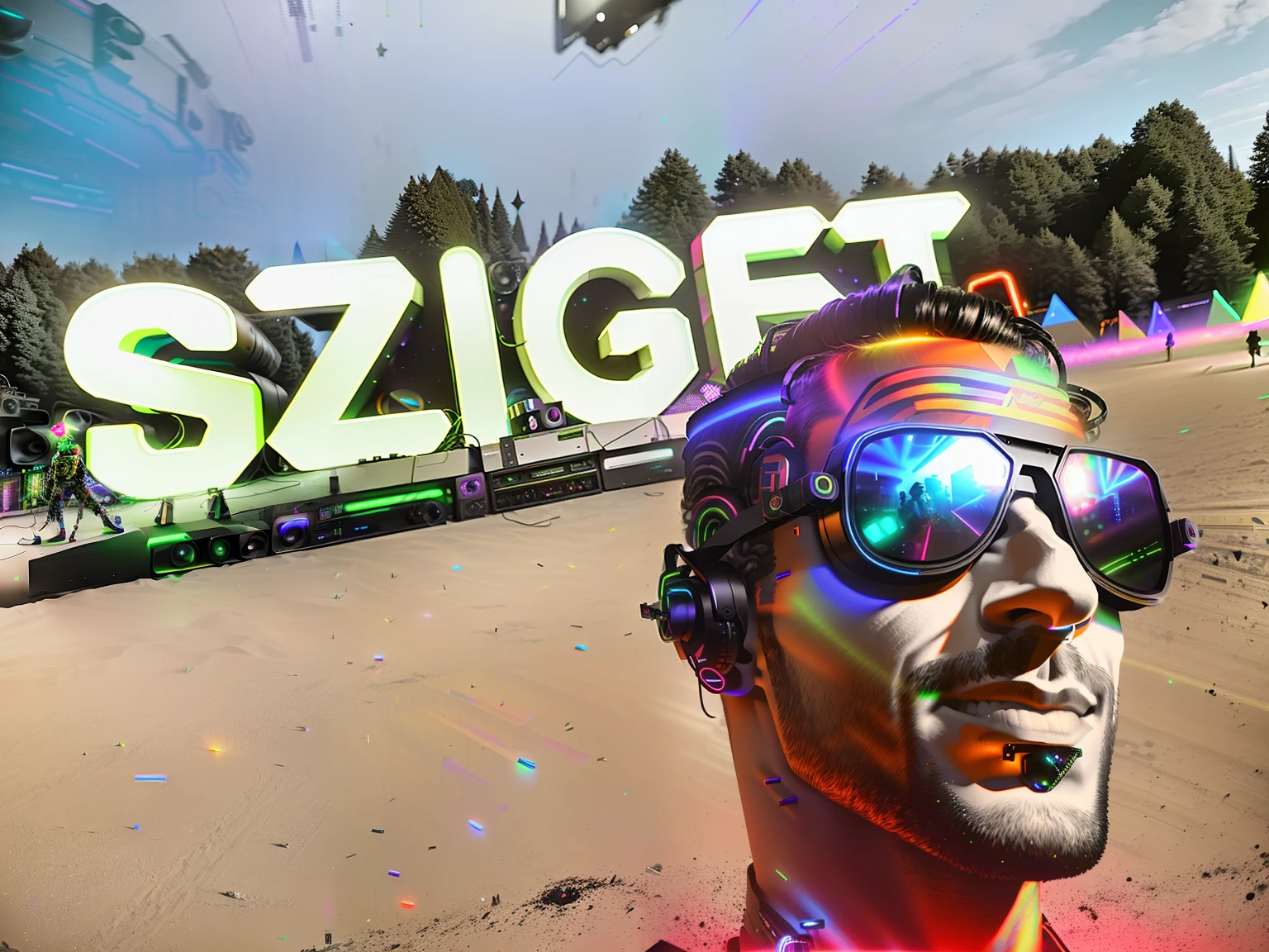 An award winning master piece photo of a cyborg man with psychedelic colors standing in a festival at night in the rave surrounded by speakers (subwoofer), wearing neon-colored glowing goggles, 8k, (high quality:1.1), (cinematic feeling:1.1), dark deep shadows, incredibly intricate detailing, art , (up close:1.1), from above, looking at viewer, (light sparkles:1.1), (chromatic aberration,:1.2)