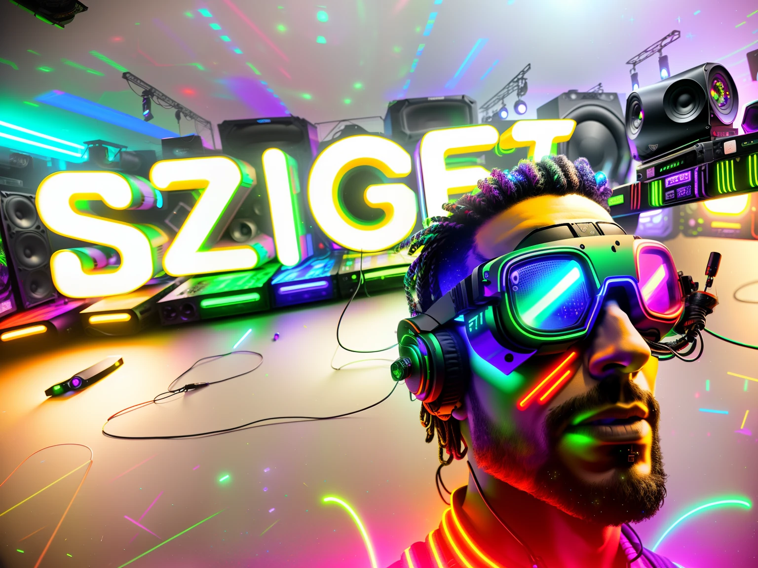 An award winning master piece photo of a cyborg man with psychedelic colors standing in a festival at night in the rave surrounded by speakers (subwoofer), wearing neon-colored glowing goggles, 8k, (high quality:1.1), (cinematic feeling:1.1), dark deep shadows, incredibly intricate detailing, art , (up close:1.1), from above, looking at viewer, (light sparkles:1.1), (chromatic aberration,:1.2)