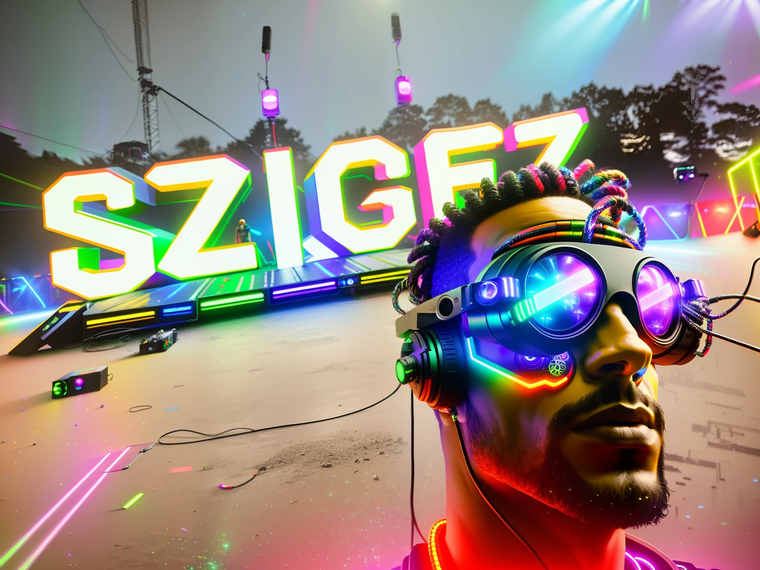 An award winning master piece photo of a cyborg man with psychedelic colors standing in a festival at night in the rave surrounded by speakers (subwoofer), wearing neon-colored glowing goggles, 8k, (high quality:1.1), (cinematic feeling:1.1), dark deep shadows, incredibly intricate detailing, art , (up close:1.1), from above, looking at viewer, (light sparkles:1.1), (chromatic aberration,:1.2)