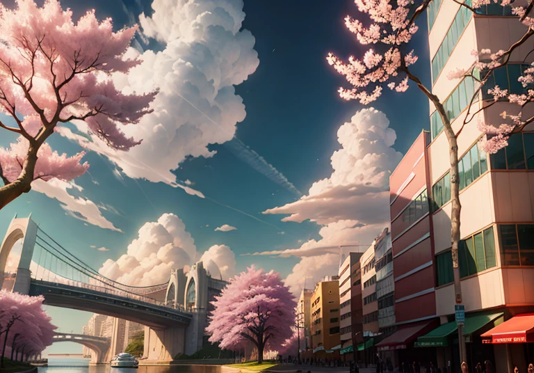 This picture depicts a city with many cherry trees, cherry trees, and lush cherry trees. The bustling tech architecture is beyond imagination. Cherry blossom trees bloom in futuristic buildings, glass buildings, and sci-fi buildings in the distance. Pink cherry blossoms are blooming everywhere. World-class bridges, surreal clouds, stunning clouds, few passers-by, and character details are all clear at a glance. Very detailed scene. The Tesla Roadster was inspired by Makoto Shinkai's popular conceptual art and masterpiece on pixiv, breaking imagination, foresight (wide-angle lens), ultra-high resolution (realism: 1.4), ultra-high resolution (photo impression: 1.48), ultra-high image quality, and enhanced detail. Extremely detailed CG Unity 8k wallpapers, aesthetics, award-winning photography, realism, high detail, intricate, exquisite animated scenes, and anime-style cityscapes. The art of traveling