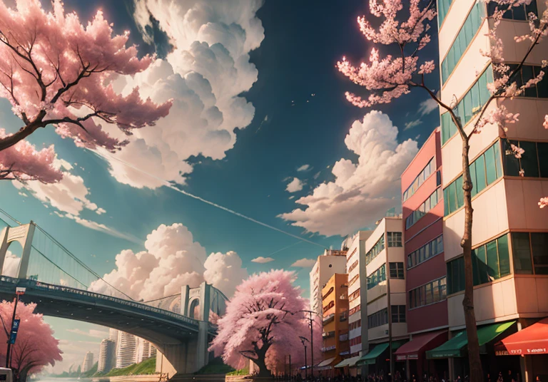 This picture depicts a city with many cherry trees, cherry trees, and lush cherry trees. The bustling tech architecture is beyond imagination. Cherry blossom trees bloom in futuristic buildings, glass buildings, and sci-fi buildings in the distance. Pink cherry blossoms are blooming everywhere. World-class bridges, surreal clouds, stunning clouds, few passers-by, and character details are all clear at a glance. The scene is very detailed. The Tesla Roadster was inspired by Makoto Shinkai's popular conceptual art and masterpiece on pixiv, breaking imagination, foresight (wide-angle lens), ultra-high resolution (realism: 1.4), ultra-high resolution (photo impression: 1.48), ultra-high image quality, and enhanced detail. Extremely detailed CG Unity 8k wallpapers, aesthetics, award-winning photography, realism, high detail, intricate, exquisite animated scenes, and anime-style cityscapes. The art of traveling