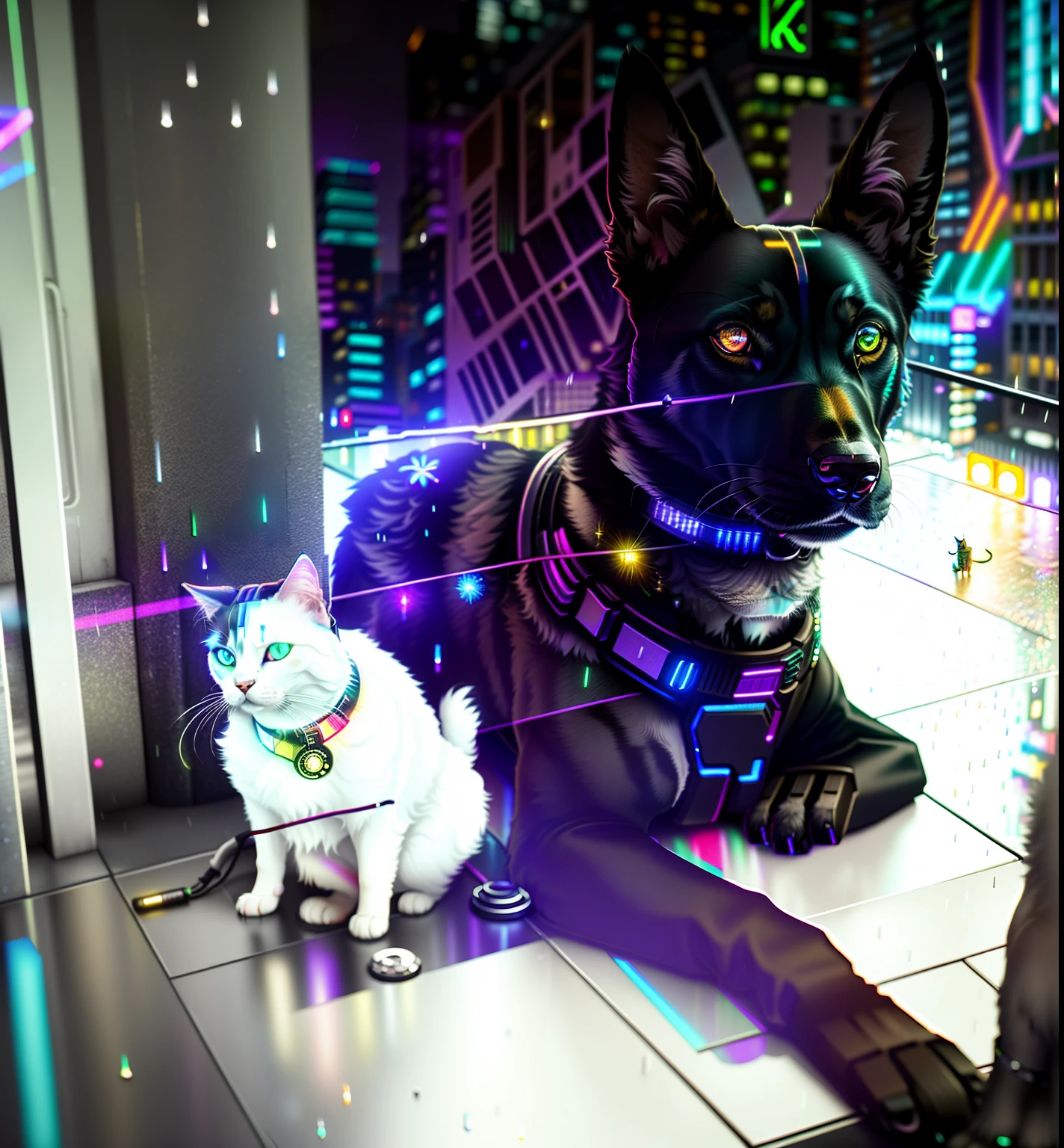 An award winning master piece photo of a cyborg dog and a cat with psychedelic colors standing in a city at night in the rain, neon-colored buildings, 8k, (high quality:1.1), (cinematic feeling:1.1), dark deep shadows, incredibly intricate detailing, art , (up close:1.1), from above, looking at viewer, (light sparkles:1.1), (chromatic aberration,:1.2)
