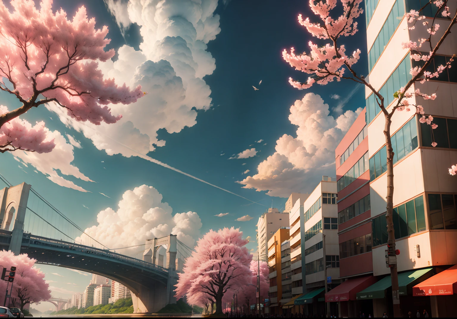 This picture depicts a city with many cherry trees, cherry trees, and lush cherry trees. The bustling tech architecture is beyond imagination. Cherry blossom trees bloom in futuristic buildings, glass buildings, and sci-fi buildings in the distance. Pink cherry blossoms are blooming everywhere. World-class bridges, surreal clouds, stunning clouds, few passers-by, and character details are all clear at a glance. The scene is very detailed. The Tesla Roadster was inspired by Makoto Shinkai's popular conceptual art and masterpiece on pixiv, breaking imagination, foresight (wide-angle lens), ultra-high resolution (realism: 1.4), ultra-high resolution (photo impression: 1.48), ultra-high image quality, and enhanced detail. Extremely detailed CG Unity 8k wallpapers, aesthetics, award-winning photography, realism, high detail, intricate, exquisite animated scenes, and anime-style cityscapes. The art of traveling