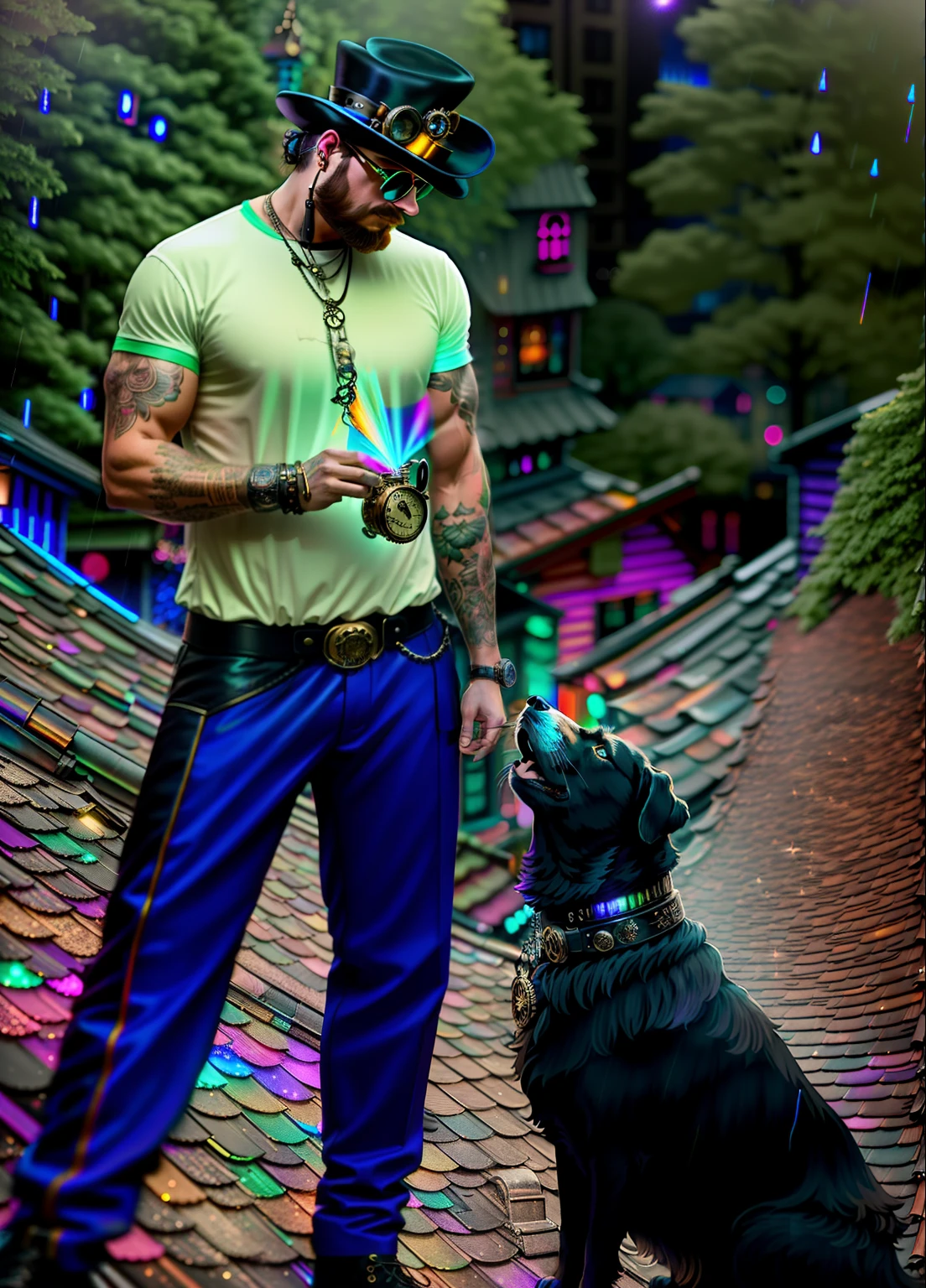 An award winning master piece photo of  a riped lean man with a dog, man is in steampunk clothes with psychedelic colors standing in a roof at night in the rain, moon on the sky ,neon-colored buildings, 8k, (high quality:1.1), (cinematic feeling:1.1), dark deep shadows, incredibly intricate detailing, art , (up close:1.1), from above, looking at viewer, (light sparkles:1.1), (chromatic aberration,:1.2)