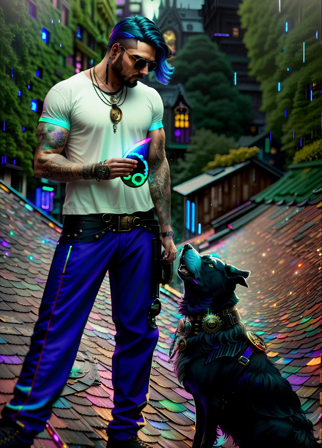An award winning master piece photo of a riped lean man with a dog, man is in steampunk clothes with psychedelic colors standing in a roof at night in the rain, moon on the sky ,neon-colored buildings, 8k, (high quality:1.1), (cinematic feeling:1.1), dark deep shadows, incredibly intricate detailing, art , (up close:1.1), from above, looking at viewer, (light sparkles:1.1), (chromatic aberration,:1.2)