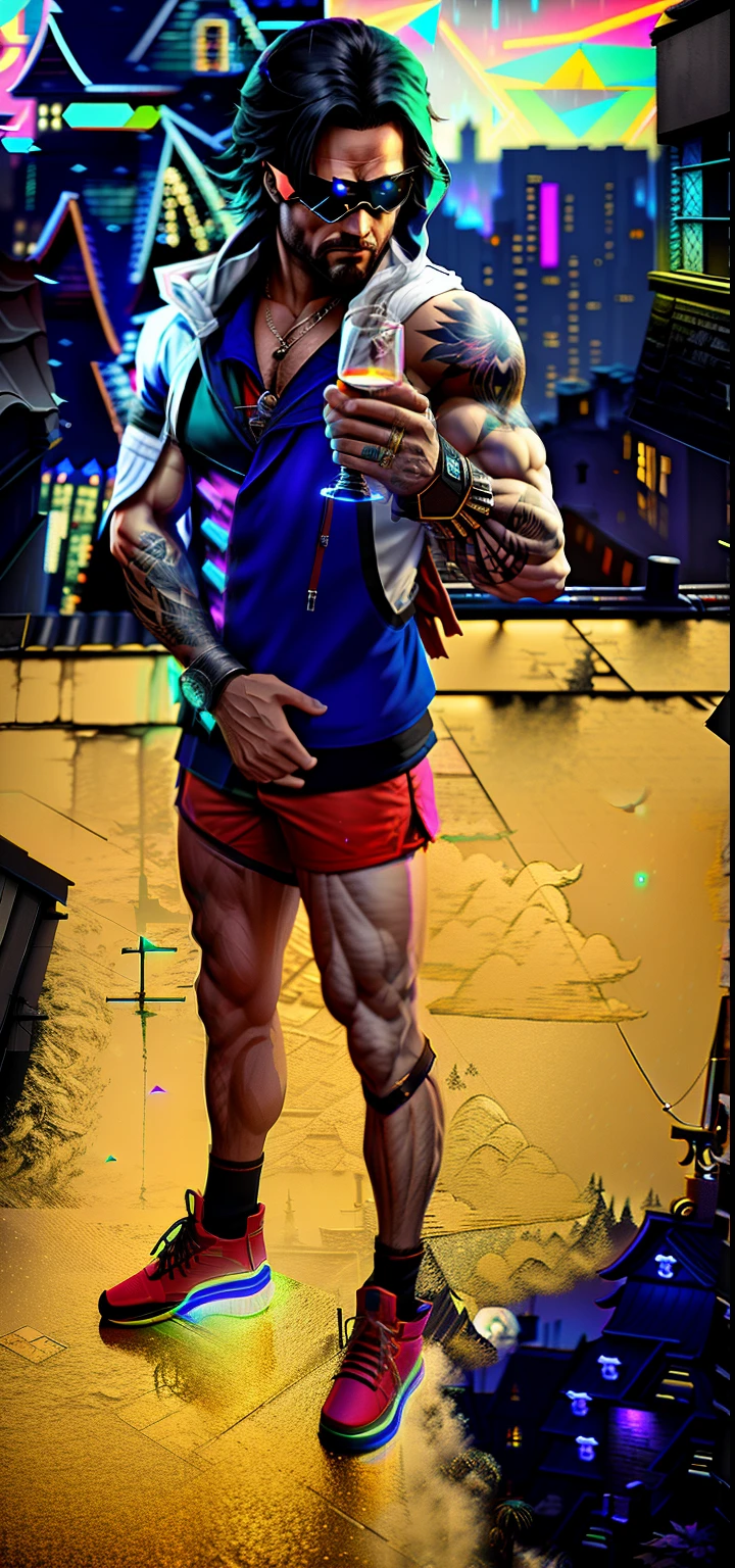 An award winning master piece photo of a riped lean man with a dog, assassins creed clothes(Eizo) with psychedelic colors standing in a roof at night in the rain, moon on the sky ,neon-colored buildings, 8k, (high quality:1.1), (cinematic feeling:1.1), dark deep shadows, incredibly intricate detailing, art , (up close:1.1), from above, looking at viewer, (light sparkles:1.1), (chromatic aberration,:1.2)