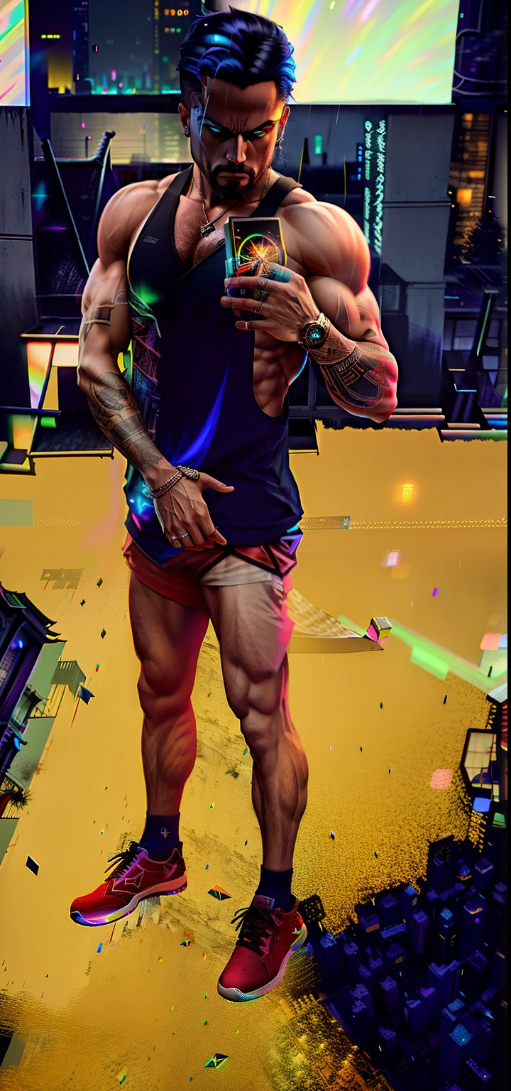 An award winning master piece photo of a riped lean man, assassins creed clothes(Eizo) with psychedelic colors standing in a roof at night in the rain, moon on the sky ,neon-colored buildings, 8k, (high quality:1.1), (cinematic feeling:1.1), dark deep shadows, incredibly intricate detailing, art , (up close:1.1), from above, looking at viewer, (light sparkles:1.1), (chromatic aberration,:1.2)