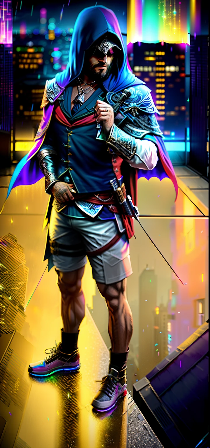 An award winning master piece photo of a riped lean man with a dog, assassins creed clothes(Eizo), cape with psychedelic colors, standing in a roof at night in the rain, moon on the sky ,neon-colored buildings, 8k, (high quality:1.1), (cinematic feeling:1.1), dark deep shadows, incredibly intricate detailing, art , (up close:1.1), from above, looking at viewer, (light sparkles:1.1), (chromatic aberration,:1.2)