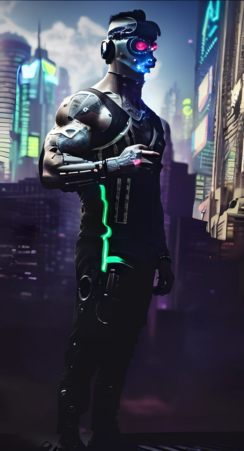 (((muscular cyberpunk man))) neon implants, steampunk clothes, robot eyes, (neon cityscape) neon lights, high contrast neon lights, punk hair made of neon tufts, cyborg implants, humanoid,, muscular,