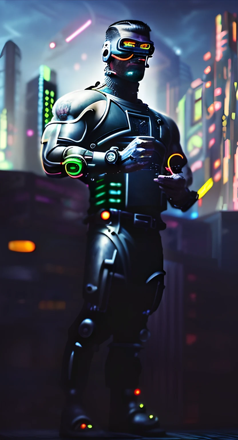 (((muscular cyberpunk man))) neon implants, steampunk clothes, robot eyes, (neon cityscape) neon lights, high contrast neon lights, punk hair made of neon tufts, cyborg implants, humanoid,, muscular,