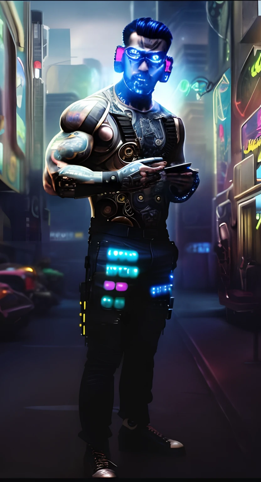 (((muscular cyberpunk man))) neon implants, steampunk clothes, steampunk, (neon cityscape) neon lights, high contrast neon lights, punk hair made of neon tufts, cyborg implants, humanoid,, muscular,