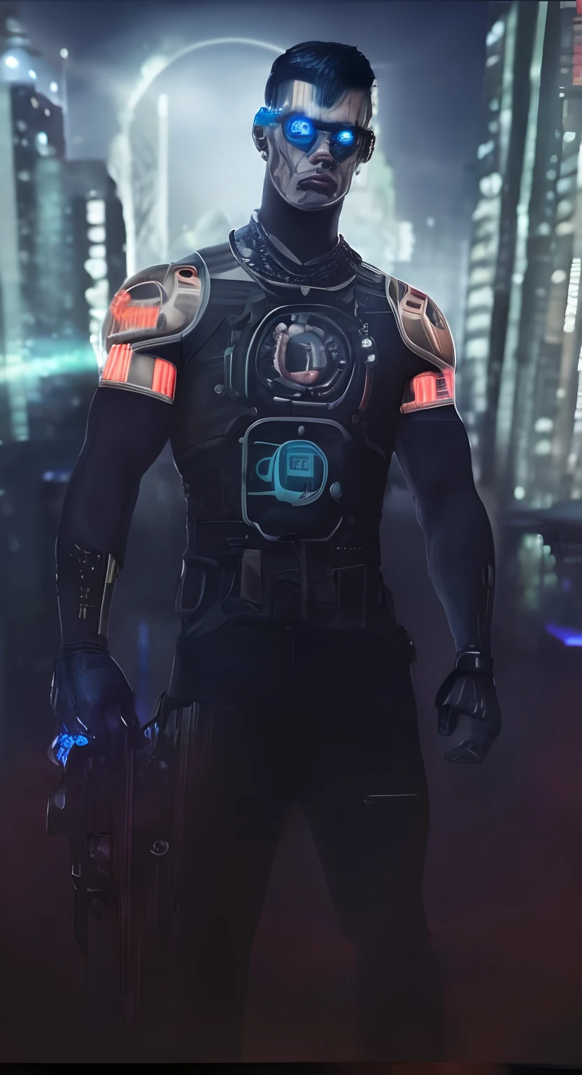 (((muscular cyberpunk man))) neon implants, steampunk clothes, robot eyes, (neon cityscape) neon lights, high contrast neon lights, punk hair made of neon tufts, cyborg implants, humanoid,, muscular,