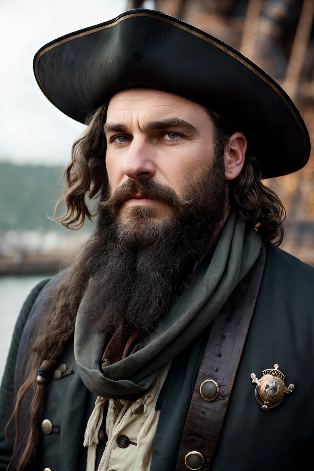 RAW photo, a close up portrait photo of Liev Schreiber reimagined as Long John Silver, an 18th-century pirate captain. black wavy hair. long black beard and a few noticeable scars on his face. wearing a red scarf and a silver earring. tricorn hat, evil menacing look on his face. Dressed in a worn and weathered 18th-century sailor's outfit. background is the deck of an 18th-century pirate ship, (high detailed skin:1.2), 8k uhd, dslr, soft lighting, high quality, film grain, Fujifilm XT3
