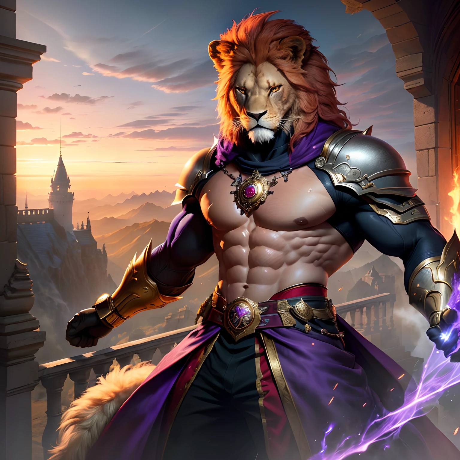 Muscular, male, (lion head: 1.0), furry, kemono, topewar, dressed as a prince standing on a cliff, flowers behind him, clouds in the sky, photo, realism, cgi, (fighting position: 1.2), iron fist, glowing eyes, (sweat: 1.3), wide waist, red hair, (baki: 1.2), purple eyes, (steam: 1.0), high detail, castle, masterpiece, (HDR) (wallpaper) (movie lighting) (sharp focus),, the best quality, (very detailed CG unity 8k wallpaper), (best quality)