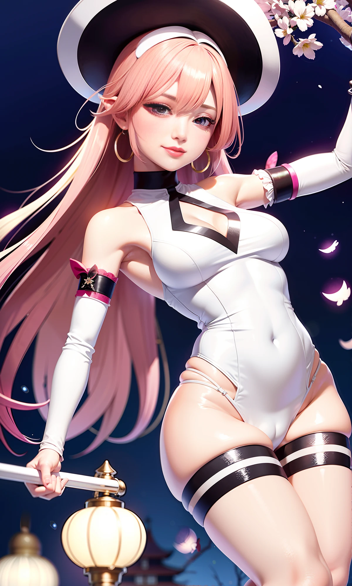 1girl, K-pop idol, yae miko, sleeves separated, bare shoulders, (sideboob: 1.45), pink hair, long hair, (ripped Japanese clothes), (white clothes) best quality, (photodepths: 1.3), (hair ornament: 1.35), jewelry, purple eyes, earrings, big boobs, torii, cherry blossoms, lantern light, depth of field, Detailed face, face focus, bodystocking, ribbon_trim, white dress, white dress, white dress, (Viewers: 1.5), non-traditional witch, shiny skin, long sleeves, smile, thick lips, thighs, east Asian architecture, blurry background, full body, glowing eyes, happy face, open shirt, bottom up, happy face, (ulzzang-6500-v1. 1:0.8), sticking out tongue,, sweat, juice, juice,