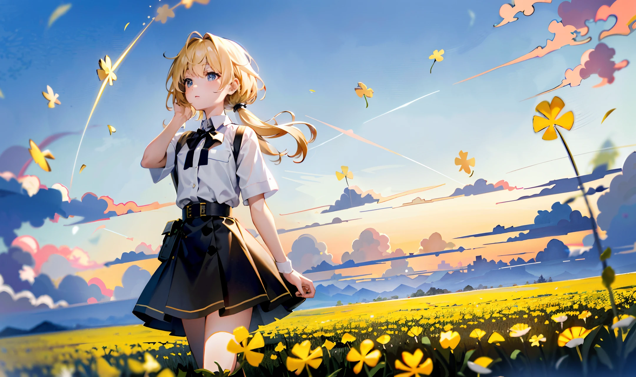 Works: 1.4, best_quality: 1.4, plain yellow flowers, Full body, short twintail, (light blond hair), white shirt with pink clover pattern and gold trim, (short black skirt), dawn sky, lots of clouds, waist on wings, shooting stars, acid towers viewed from afar