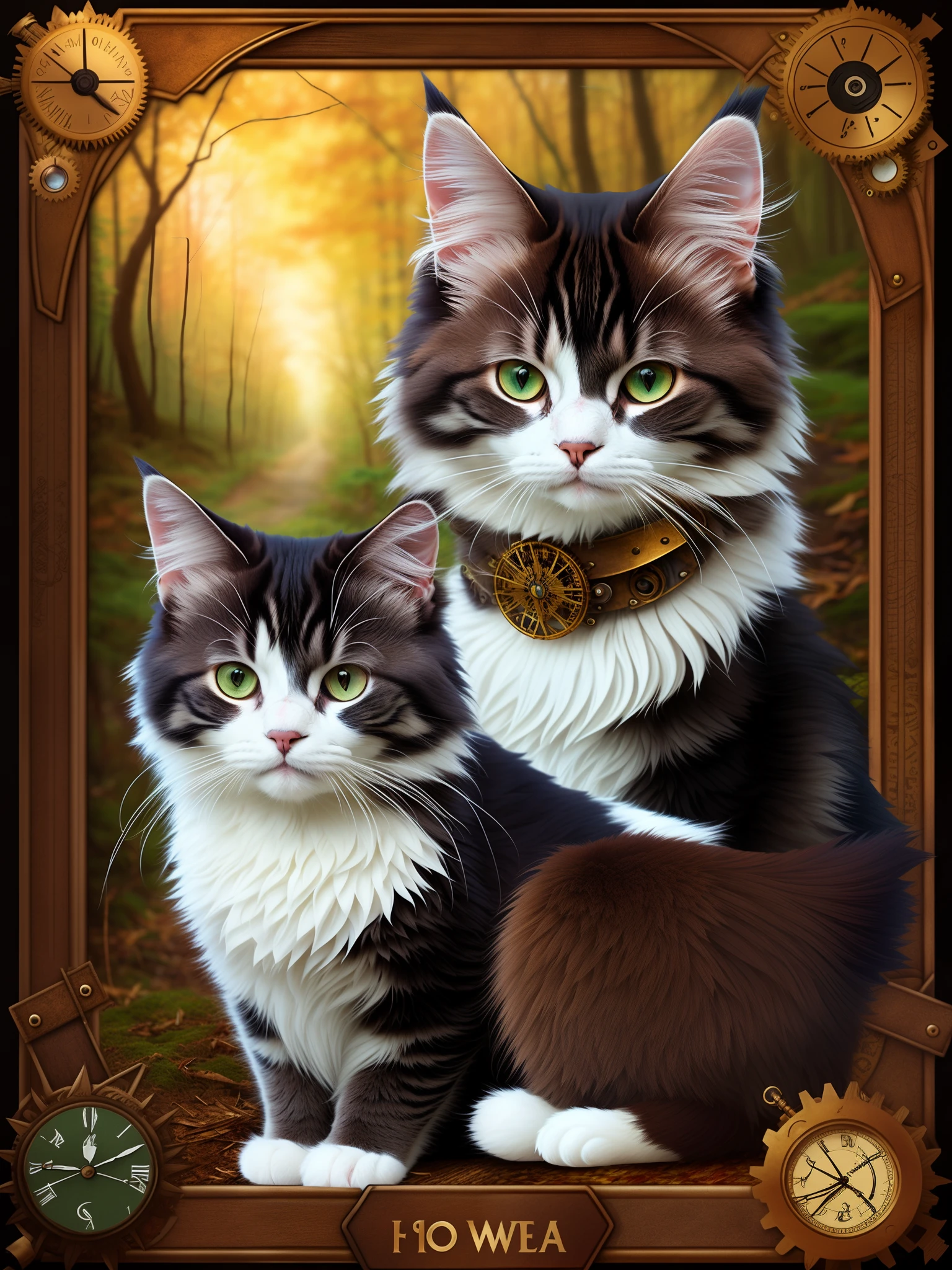A norwegian of the forest cat draw in steampunk style, fearless eyes, cute image