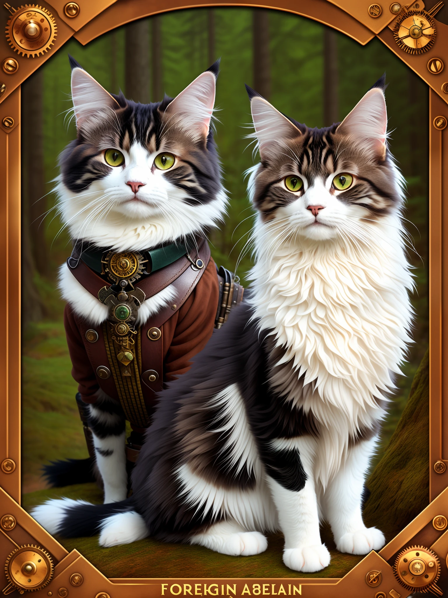 A norwegian of the forest cat draw in steampunk style, fearless eyes, cute image