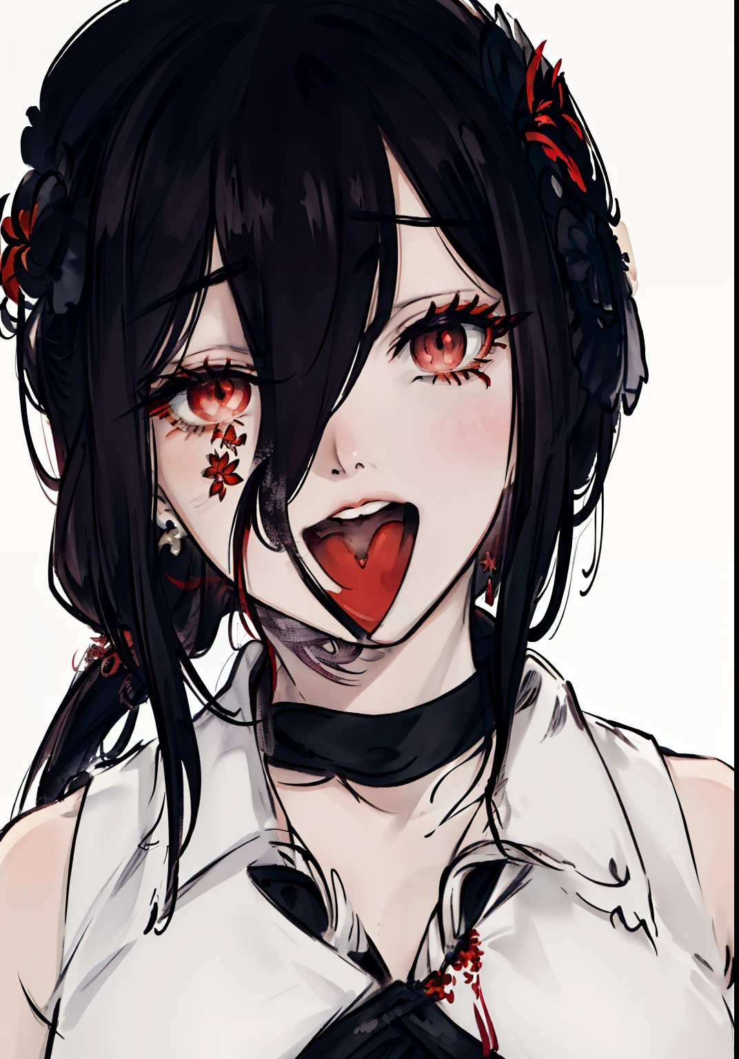 ((highres)), (open mouth),(((bust))),(((masterpiece))),(((best quality))),((ultra-detailed))((extremely detailed CG)),((8k_wallpaper)),dynamic angle,floating, (beautiful detailed eyes),an extremely delicate and beautiful girl,upper body,ink wash painting,(Chinese wind),black eyes,burning,detailed light.from_below,(black hair),(red spider lily:1.33),aqua eyes,(hair flower:1.3),bloom,single,starry sky,hair ornament, earrings, jewelry, very long hair, messy hair, bare shoulders, half closed eyes,bloom,(((Chivalrous))),fairy,(hanfu:1.3),(medium breast:1.2),(eyeshadow,red eyeliner:1.15),(eyes visible through hair:1.2),((solo)),red moon,