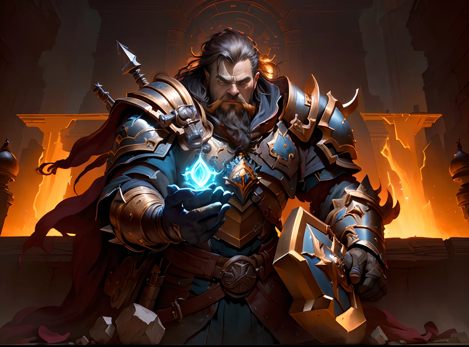 masterpiece, best quality, (extremely detailed CG unity 8k wallpaper), (best quality), (best illustration), (best shadow), absurdres, realistic lighting, (Abyss), beautiful detailed glow, art by PeterMohrBacher, dwarf, paladin, armor, hammer, plate, perfect face